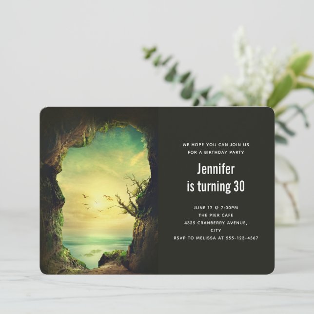 Cave overlooking the Sea Scenic Photo Birthday Invitation (Standing Front)