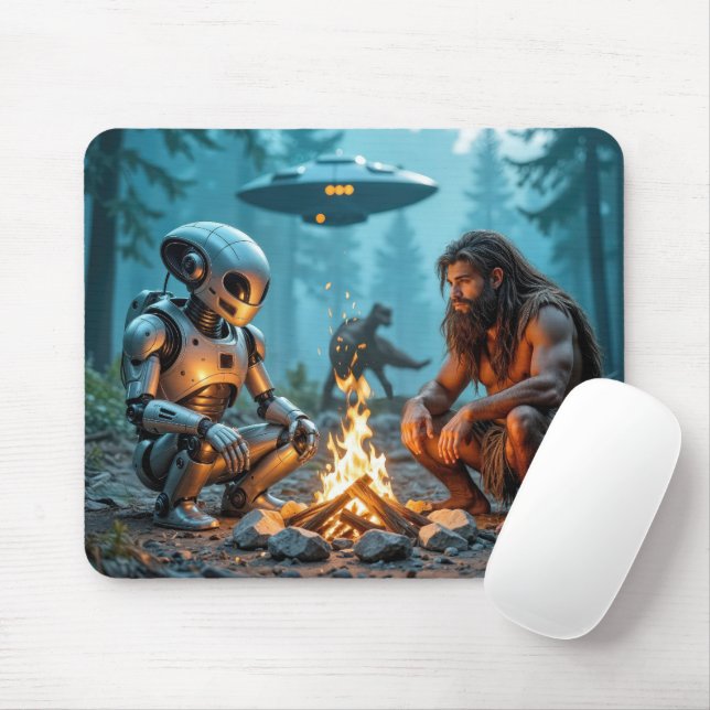 Caveman and Alien Robot By a Campfire Mouse Pad (With Mouse)