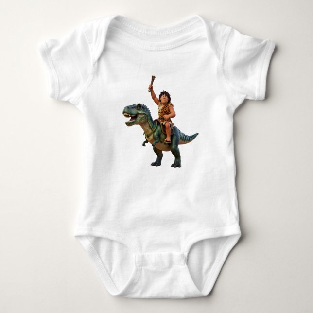 Caveman Riding Dinosaur Cartoon Image Baby Bodysuit (Front)