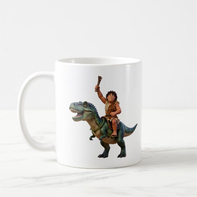 Caveman Riding Dinosaur Cartoon Image Coffee Mug (Left)