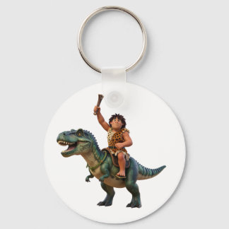 Caveman Riding Dinosaur Cartoon Image Keychain