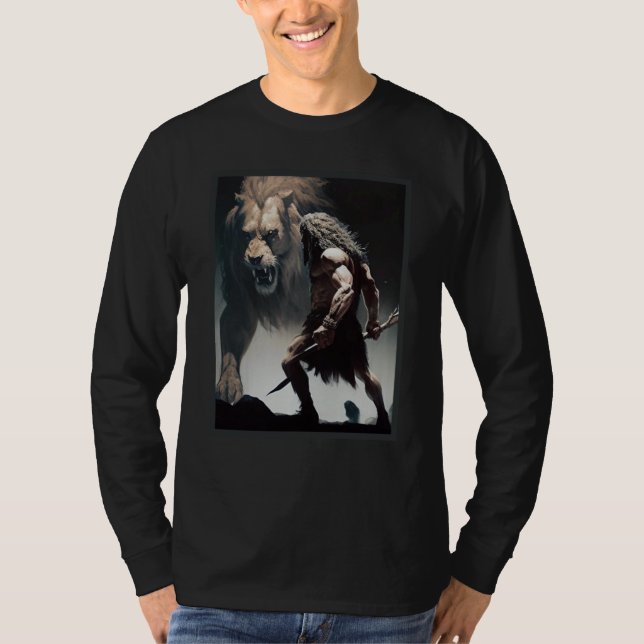 Caveman Warrior with Friendly Lion chasing the sam T-Shirt (Front)