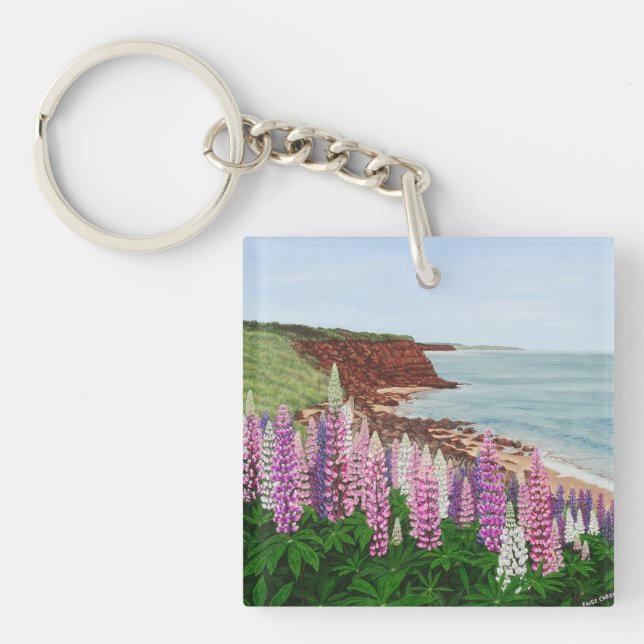 Cavendish Cliffs and Spring Lupins, PEI Keychain (Front)