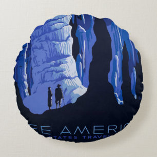 Caving Travel Cavern Vintage Travel Poster Round Pillow