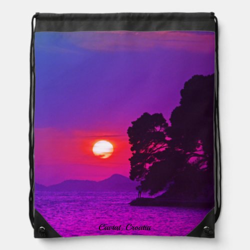 Cavtat Croatia view of Sunset Purple Filter Drawstring Bag