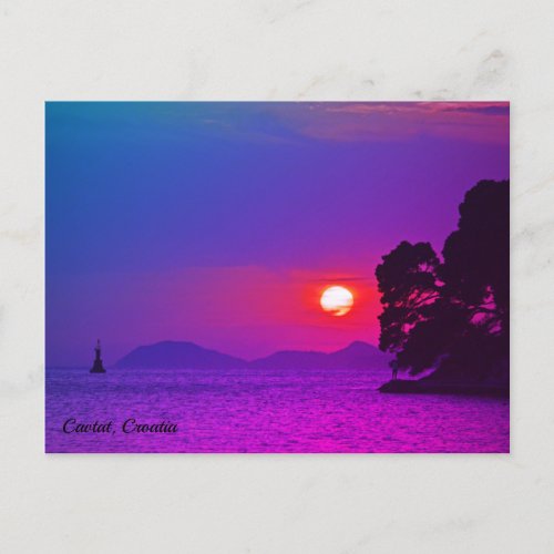 Cavtat Croatia view of Sunset Purple Filter Holiday Postcard