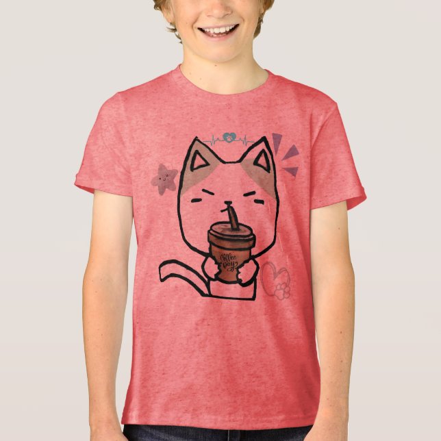 Cawaii Funny cat with coffee Cute Cat anime style Tri-Blend Shirt (Front)
