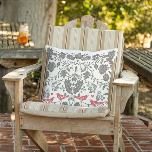 Cayenne Coral and Gray Vintage Floral Bird Throw Pillow