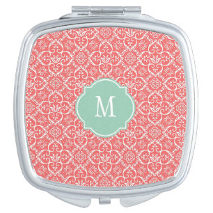 Cayenne & White Damask Monogram Compact Mirror