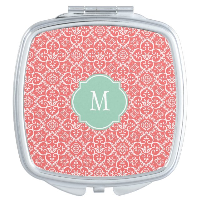 Cayenne & White Damask Monogram Compact Mirror (Front)
