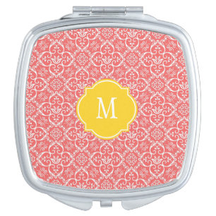 Cayenne & White Damask Monogram Compact Mirror