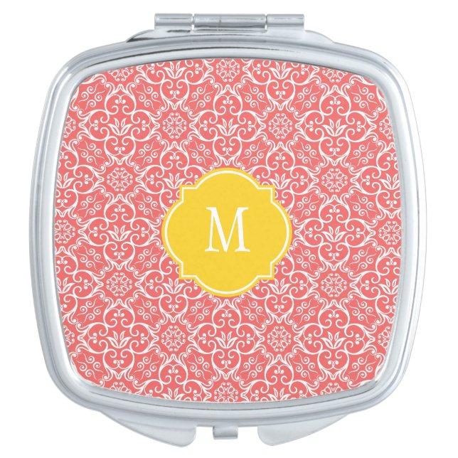 Cayenne & White Damask Monogram Compact Mirror (Front)
