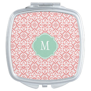 Cayenne & White Damask Monogram Compact Mirror