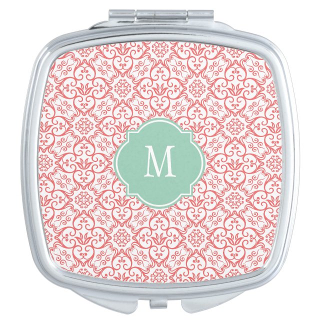 Cayenne & White Damask Monogram Compact Mirror (Front)