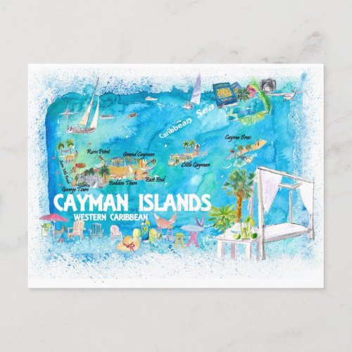 Cayman Islands Illustrated Travel Map with Roads  Postcard