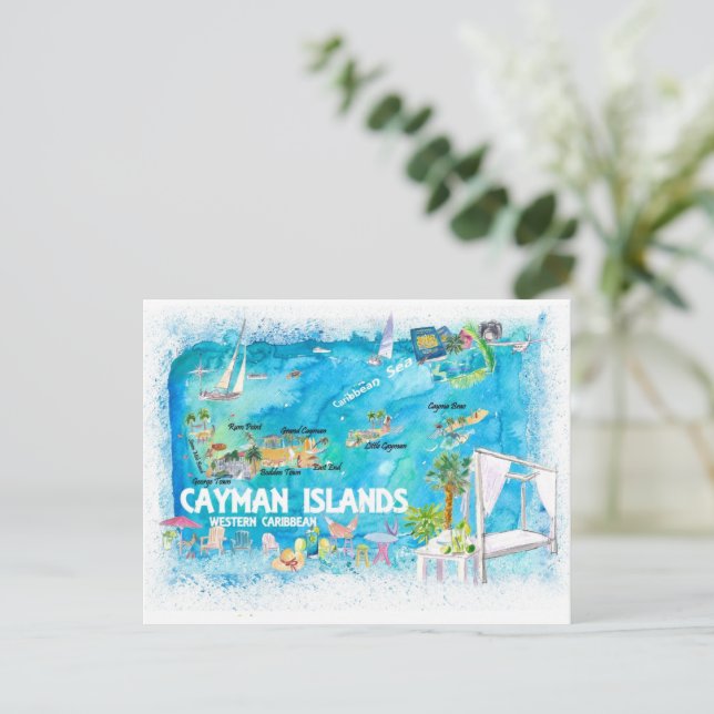 Cayman Islands Illustrated Travel Map with Roads  Postcard (Standing Front)