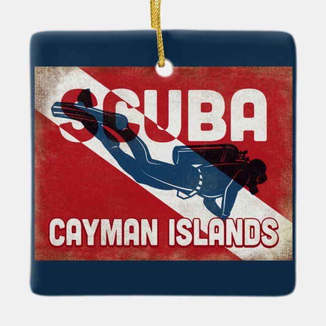 Cayman Islands Scuba Diver - Blue Retro Ceramic Ornament (Front)