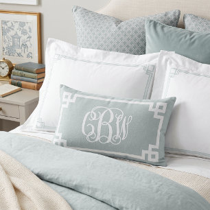 CBW Cloud Blue and White Greek Key Script Monogram Lumbar Pillow
