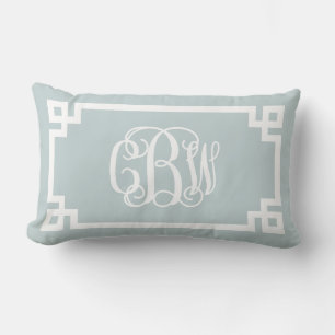 CBW Cloud Blue and White Greek Key Script Monogram Lumbar Pillow