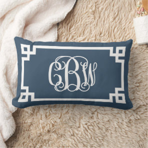 CBW Lake Blue and White Greek Key Script Monogram Lumbar Pillow