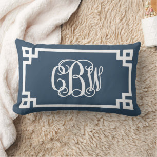 CBW Lake Blue and White Greek Key Script Monogram Lumbar Pillow