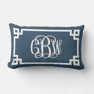 CBW Lake Blue and White Greek Key Script Monogram Lumbar Pillow