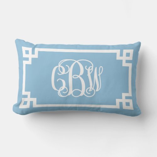CBW Sky Blue and White Greek Key Script Monogram Lumbar Pillow