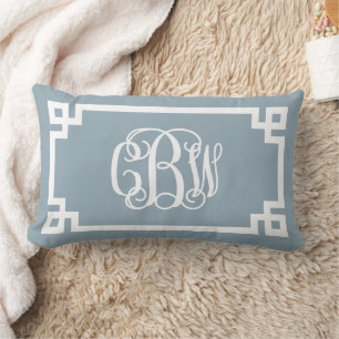 CBW Slate Blue and White Greek Key Script Monogram Lumbar Pillow