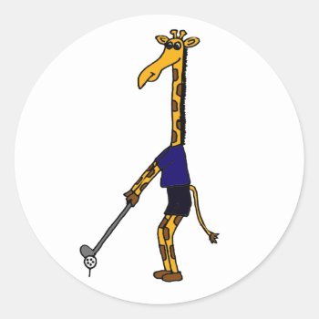Cc- Giraffe Playing Golf Design Classic Round Sticker by tickleyourfunnybone at Zazzle
