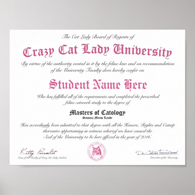 CCLU Diploma - Pink Seal - Cat Portrait Poster (Front)