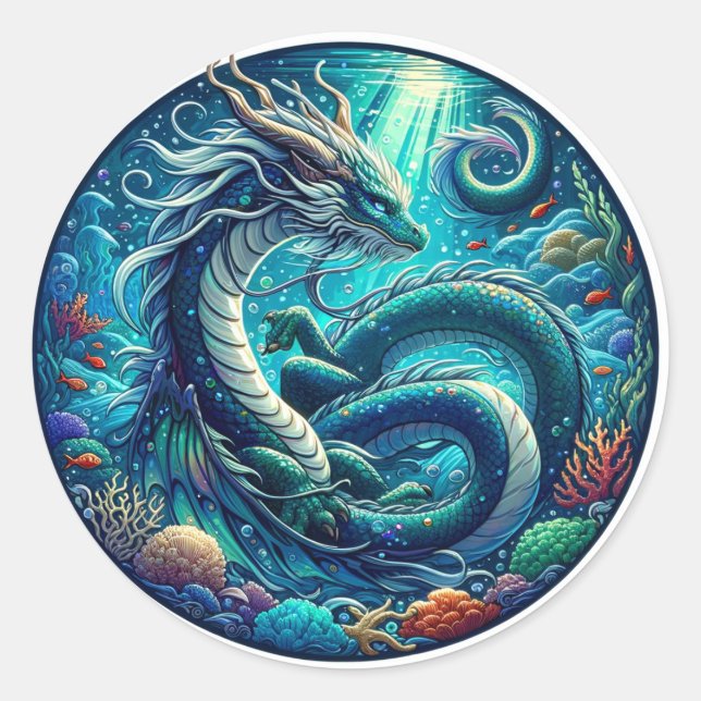 ceanic Elegance: The Majestic Underwater Dragon Classic Round Sticker (Front)