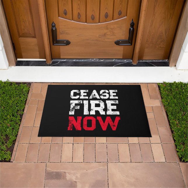 Cease Fire Now white red black grunge anti war Doormat (Outdoor)