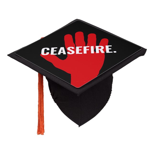 Ceasefire black white red hand anti war custom graduation cap topper (Angled)
