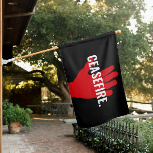 Ceasefire black white red hand anti war house flag