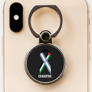 Ceasefire Israel and Palestine flags ribbon black Phone Ring Stand