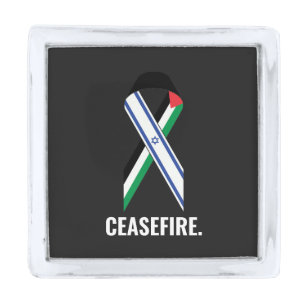 Ceasefire Israel and Palestine flags ribbon black Silver Finish Lapel Pin