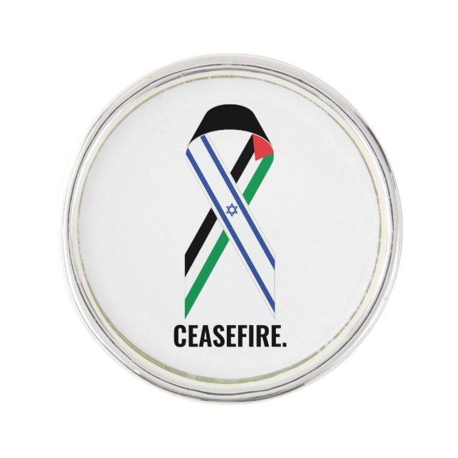 Ceasefire Israel and Palestine flags ribbon white Lapel Pin (Front)