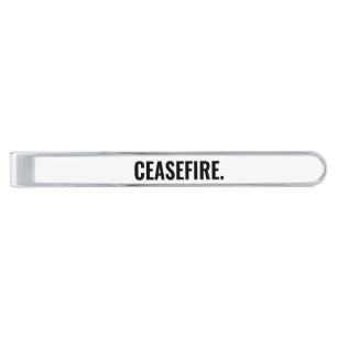 Ceasefire white black text minimalist anti war silver finish tie bar