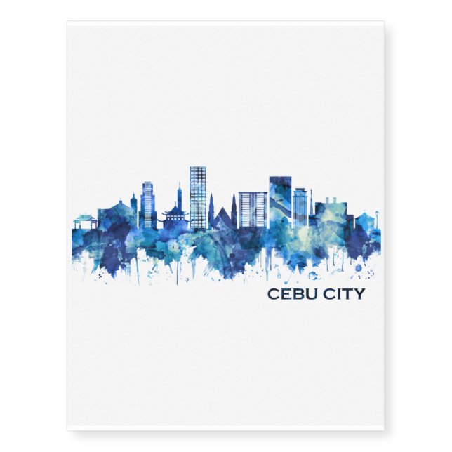 Cebu City Philippines Skyline Blue Temporary Tattoos (Front)