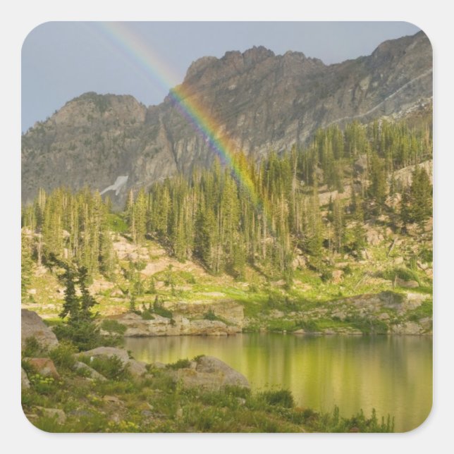 Cecret Lake with rainbow over Devil's Castle, Square Sticker (Front)