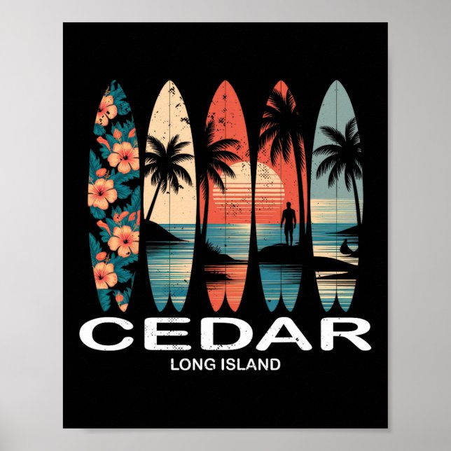 Cedar Beach Long Island Surfboard Surfing Retro  Poster (Front)