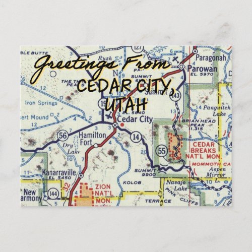 Cedar City UT Vintage Map Postcard
