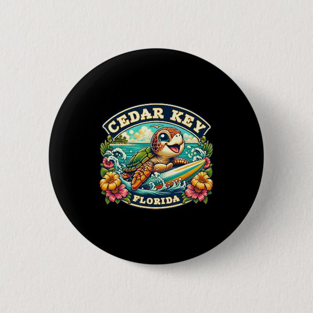 Cedar Key Florida Cute Sea Turtle Surfing  Button (Front)