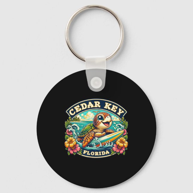 Cedar Key Florida Cute Sea Turtle Surfing  Keychain (Front)