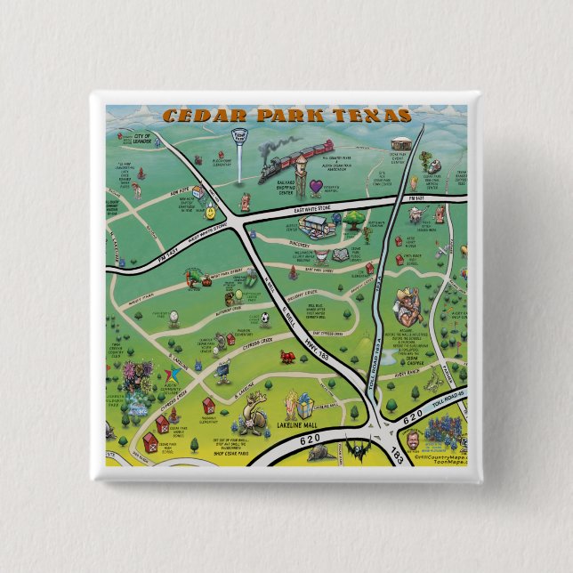 Cedar Park Texas Cartoon Map Pinback Button (Front)