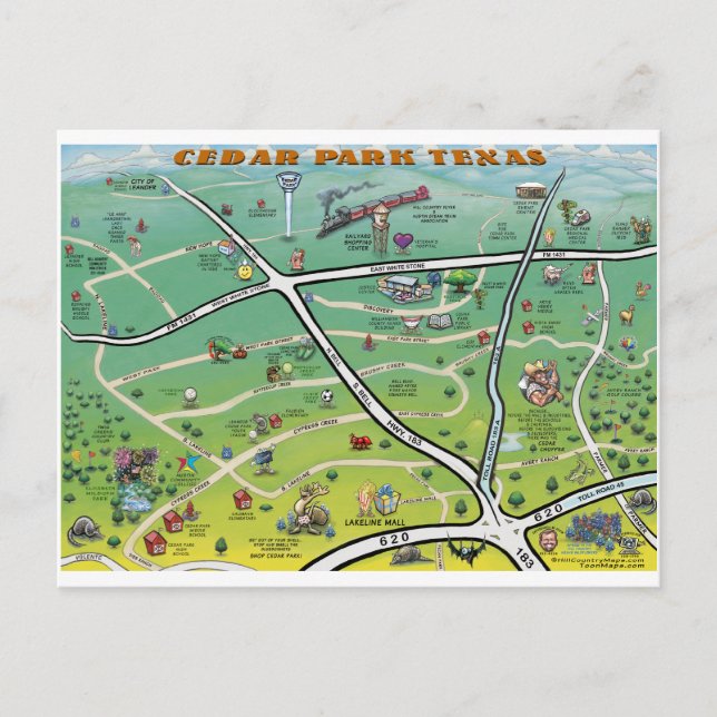 Cedar Park Texas Cartoon Map Postcard (Front)