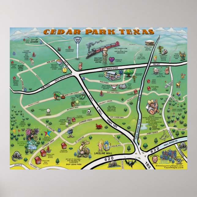 Cedar Park Texas Cartoon Map Poster (Front)