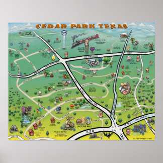 Cedar Park Texas Cartoon Map Poster