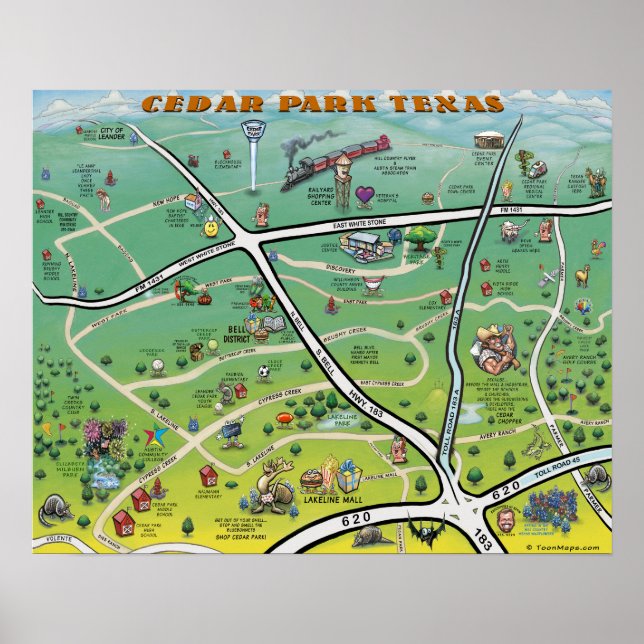 Cedar Park Texas Cartoon Map Poster (Front)