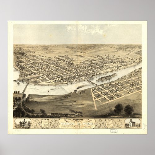 Cedar Rapids Iowa 1868 Antique Panoramic Map Poster